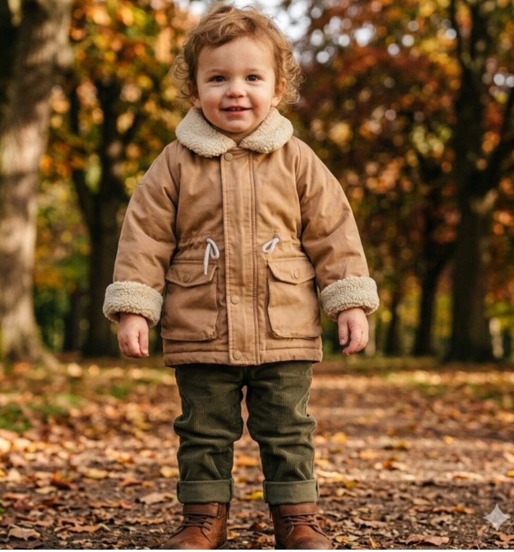 Zara Kids Unisex Sherpa Collar Winter Utility Jacket Parka - Tan - Size 2-3Y